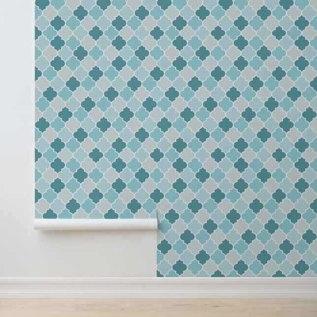Blue Moroccan Trellis, Latticework, Quatrefoil Behang (Applicatie)