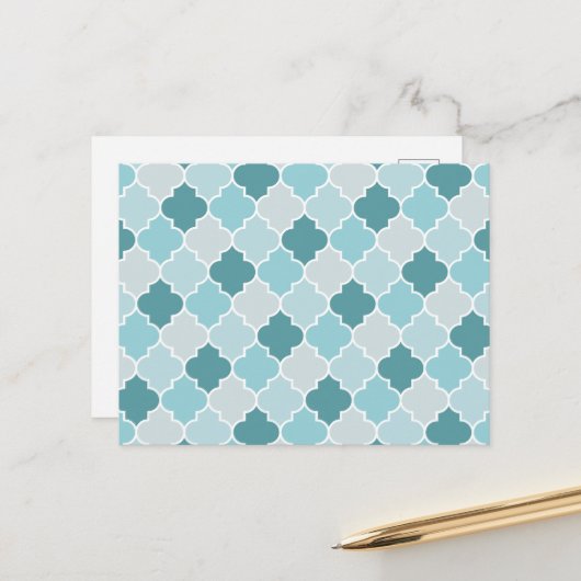 Blue Moroccan Trellis, Latticework, Quatrefoil Briefkaart (Voorkant / Achterkant in situ)