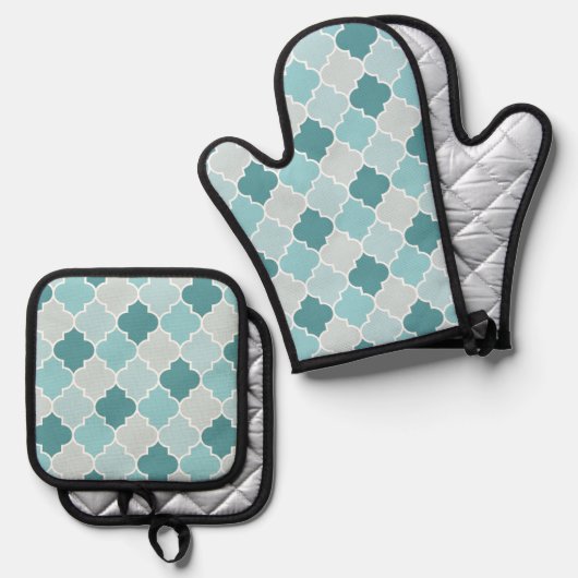 Blue Moroccan Trellis, Latticework, Quatrefoil Ovenwant & Pannenlap Set (Voorkant / Achterkant)