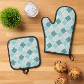 Blue Moroccan Trellis, Latticework, Quatrefoil Ovenwant & Pannenlap Set (Top down)