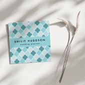 Blue Moroccan Trellis, Latticework, Quatrefoil Vierkante Visitekaartje