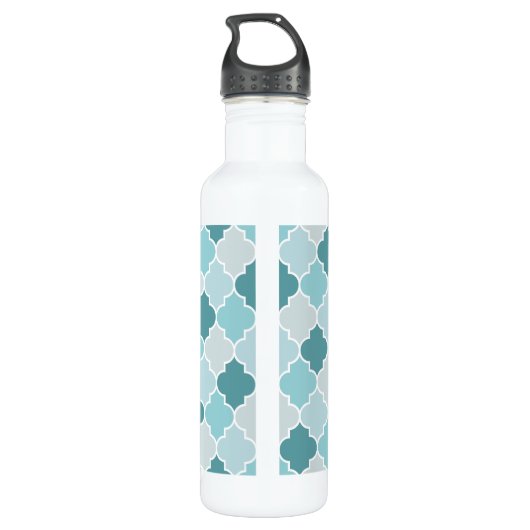 Blue Moroccan Trellis, Latticework, Quatrefoil Waterfles (Achterkant)