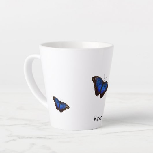 Blue Morpho Butterflies - Aangepaste tekst Latte Mok (Linkerhoek)