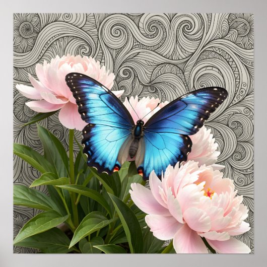 Blue Morpho Butterfly Floral Botanical Art  Poste Poster (Voorkant)