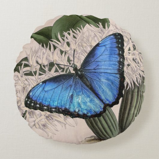 Blue Morpho Butterfly Floral Natuur Art Rond Kussen (Voorkant)