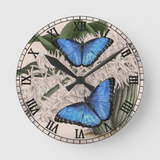 Blue Morpho Butterfly Floral Natuur Art Ronde Klok (Voorkant)