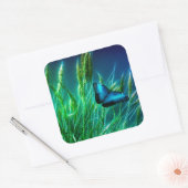 Blue Morpho Butterfly op Green Grass Vierkante Sticker (Envelop)