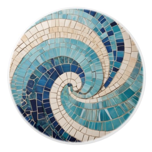 Blue Mosaic Abstracte Ocean Wave Swirl Zee Theme Keramische Knop (Voorkant)