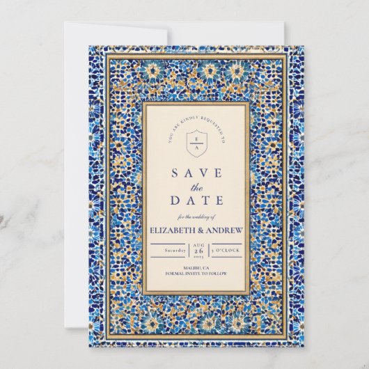 Blue Mosaic Islamic Wedding Save The Date (Voorkant)