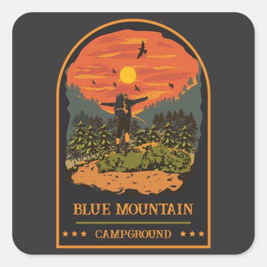 Blue Mountain Campground-kampingtrip retro Vierkante Sticker (Voorkant)