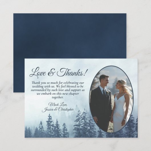 Blue Mountain Pine Trees Rustic Wedding Photo Bedankkaart (Voorkant / Achterkant)