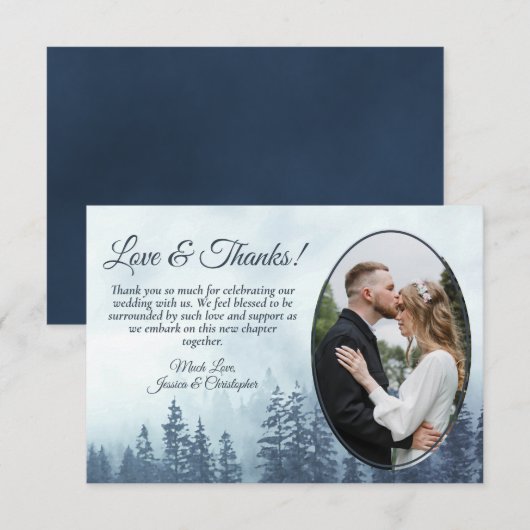 Blue Mountain Pine Trees Rustic Wedding Photo Bedankkaart (Voorkant / Achterkant)
