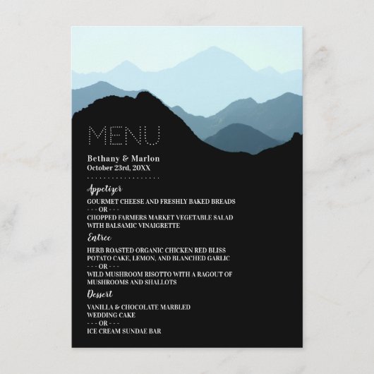 Blue Mountain Range, Rustic Wedding Menu (Voorkant)