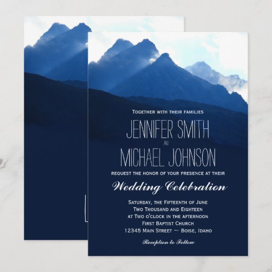 Blue Mountain Range Silhouette Wedding Invitations Kaart (Voorkant / Achterkant)