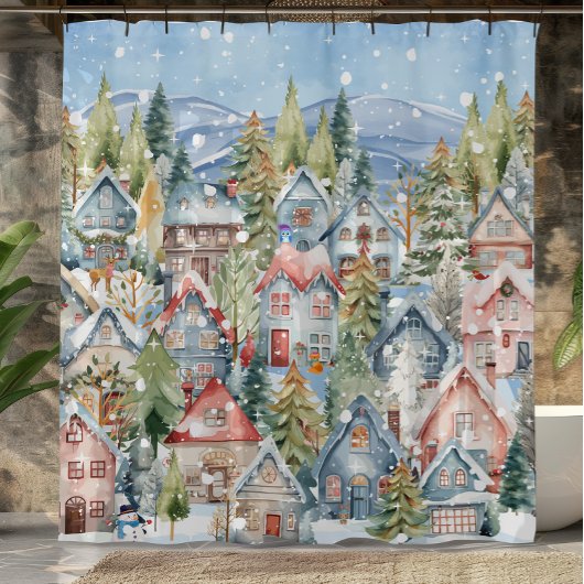 Blue Mountain Snowy Winter Village Douchegordijn