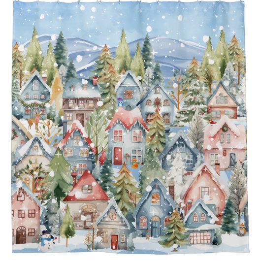Blue Mountain Snowy Winter Village Douchegordijn (Voorkant)