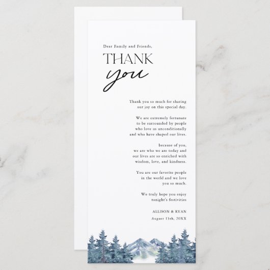 Blue Mountain Tree Rustic Weddenschap Bedankt kaar Menu (Voorkant / Achterkant)