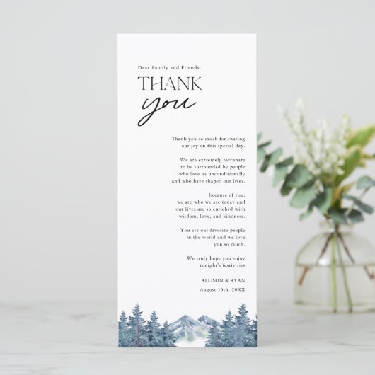 Blue Mountain Tree Rustic Weddenschap Bedankt kaar Menu (Staand voorkant)