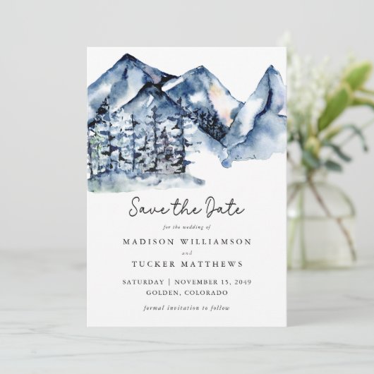 Blue Mountain Waterverf Foto Bewaar de datum Save The Date (Staand voorkant)