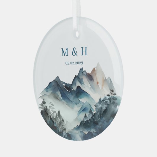 Blue Mountains Rustic Wedding Glas Ornament (Voorkant links)