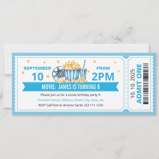 Blue Movie ticket birthday invitation Kaart (Voorkant)