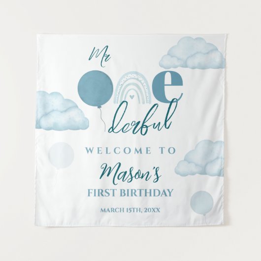 Blue Mr Onederful Sky Cloud 1st Birthday  Wandkleed (Voorkant)