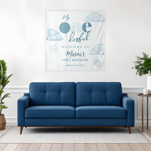 Blue Mr Onederful Sky Cloud 1st Birthday Wandkleed