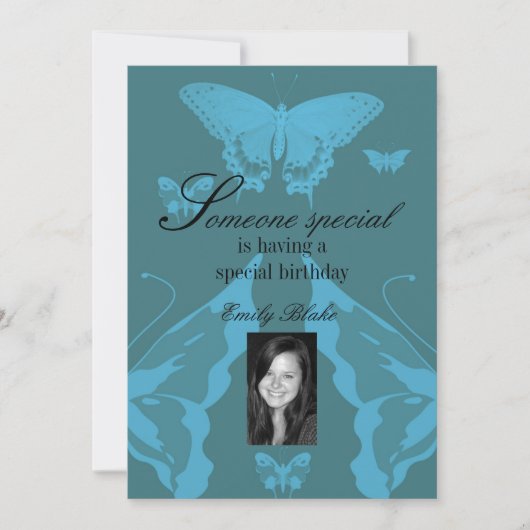 Blue Multi-Butterfly Photo Birthday Invitation Kaart (Voorkant)