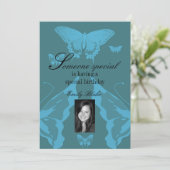 Blue Multi-Butterfly Photo Birthday Invitation Kaart (Staand voorkant)