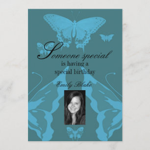 Blue Multi-Butterfly Photo Birthday Invitation Kaart