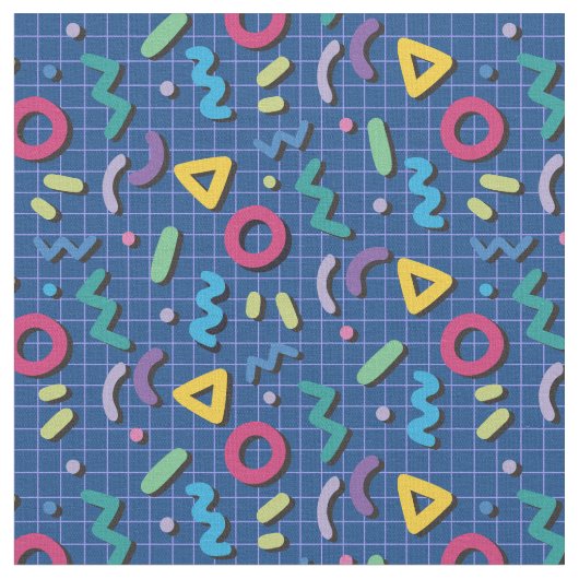 Blue Multicolor 80s Memphis Pattern Stof (Close Up)