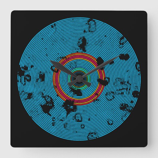 Blue Multicolor Vinyl Disk Textern Pattern Vierkante Klok (Voorkant)