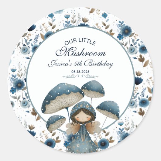 Blue Mushroom Fairy Enchanted Kids Birthday Party  Ronde Sticker (Voorkant)
