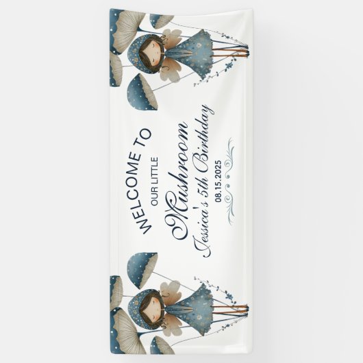 Blue Mushroom Fairy Enchanted Kids Verjaardagsfees Spandoek (Verticaal)