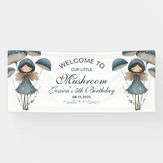 Blue Mushroom Fairy Enchanted Kids Verjaardagsfees Spandoek (Horizontaal)