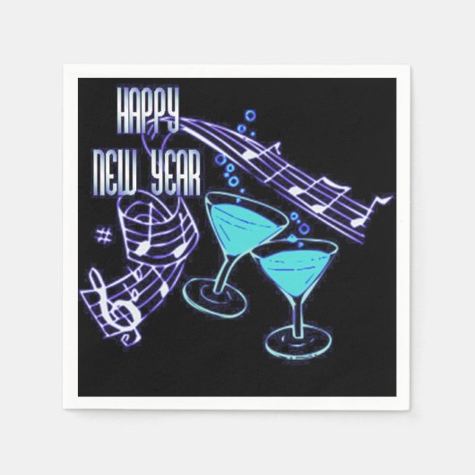 Blue Music en Cocktails Happy New Year Napkins Servet (Voorkant)