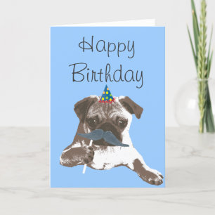 Blue Mustache Pug Happy Birthday Card Kaart