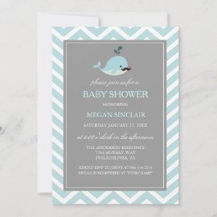 Blue Mustache Whale Boy Baby shower Invitation Kaart