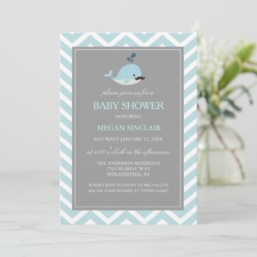 Blue Mustache Whale Boy Baby shower Kaart (Staand voorkant)