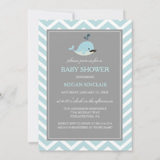 Blue Mustache Whale Boy Baby shower Kaart