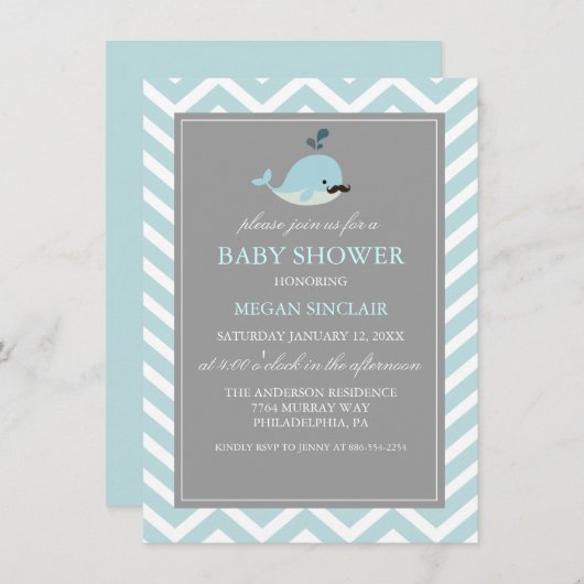 Blue Mustache Whale Boy Baby shower Kaart (Voorkant / Achterkant)