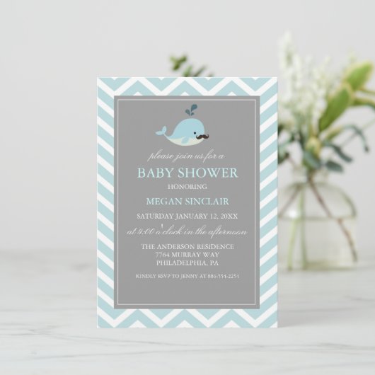 Blue Mustache Whale Boy Baby shower Kaart (Staand voorkant)