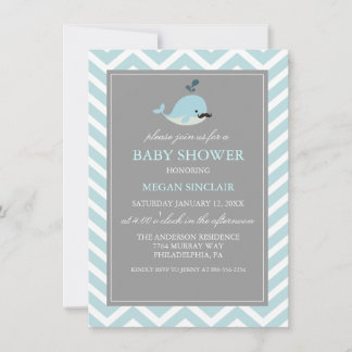 Blue Mustache Whale Boy Baby shower Kaart