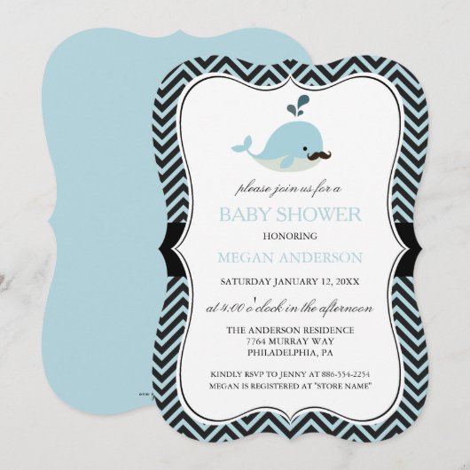 Blue Mustache Whale Chevron Boy Baby shower Kaart (Voorkant / Achterkant)