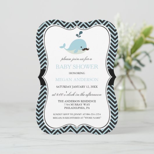 Blue Mustache Whale Chevron Boy Baby shower Kaart (Staand voorkant)