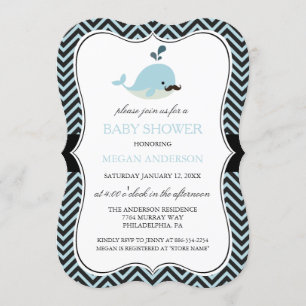 Blue Mustache Whale Chevron Boy Baby shower Kaart