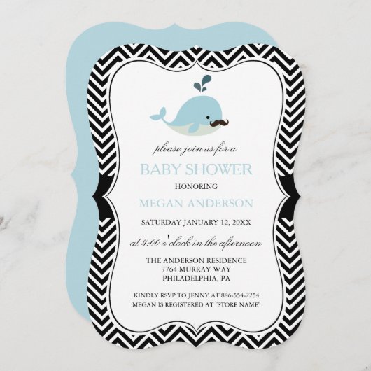 Blue Mustache Whale Chevron Boy Baby shower Kaart (Voorkant / Achterkant)