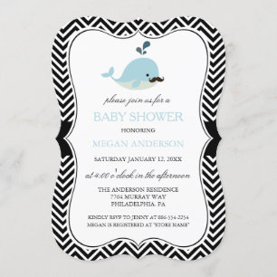 Blue Mustache Whale Chevron Boy Baby shower Kaart