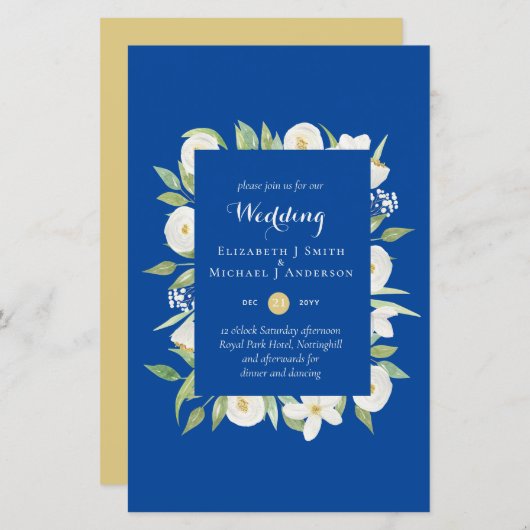 Blue Mustard Green Floral Budget Wedding Invite A9 (Voorkant / Achterkant)