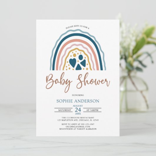 Blue Muted Tones Boho Rainbow Baby shower Kaart (Staand voorkant)